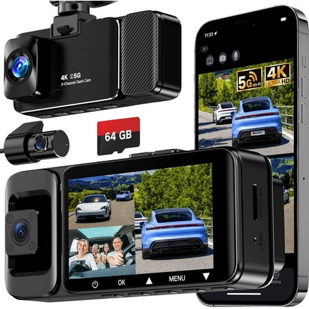 3 Dash Cam Front and Rear Inside, 4K & 470? Wide-Angle Full-View Dash Camera for with 64GB Card, 24H Parking , G-Sensor, Loop Recording, Night Vision, 5GHz WiFi