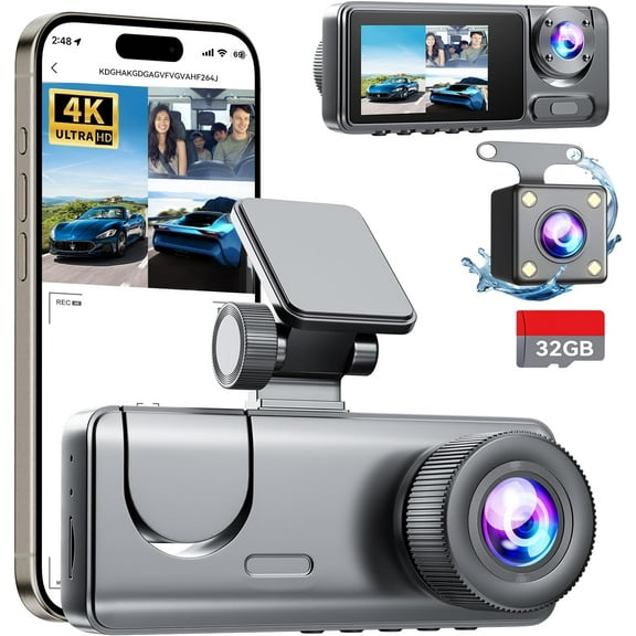 3 Dash Cam Front and Rear Inside, Bulit a 32GB Card, Dash Camera for ,4K 2.0'' IPS Screen Dashcam with G-Sensor, IR Night Vision, WDR, Loop Recording, 24H Parking Mode