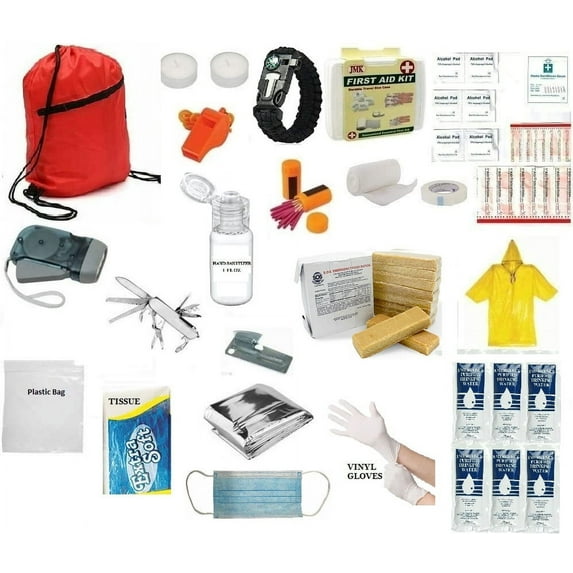 3 Day Survival Kit Emergency Food Water Blanket Whistle Flashlight 1st Aid 72 Hr (Red)