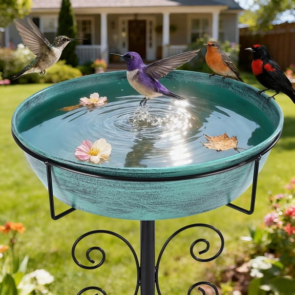 3" Deep 43" Tall Metal Bird Bath for Outdoors, 12" Dia Removable Bird Baths Water Bowl for Outside, Vintage Standing Birdbaths with Stable Stake for Garden Yard Lawn Decor 1.4 Gallon, Blue-Green