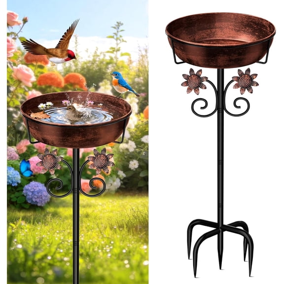 3" Deep Metal Bird Bath for Outside, Removable 12" Dia Vintage Bird Baths Bowl for Outdoors with Stable 5-Prong Stake, 37" H Freestanding Birdbath for Garden Patio Yard Lawn (Brush Bronze)
