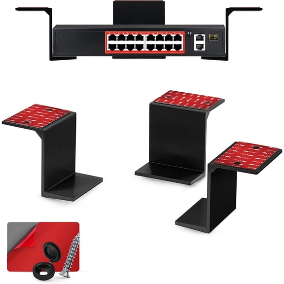 3 Under Desk Laptop & Device Holder Mount, Adhesive & Screw in, Devices Upto 3" - Small Computers Laptops MacBook Surface Keyboard Routers Modems Cable Box Network Switch & More (Black)