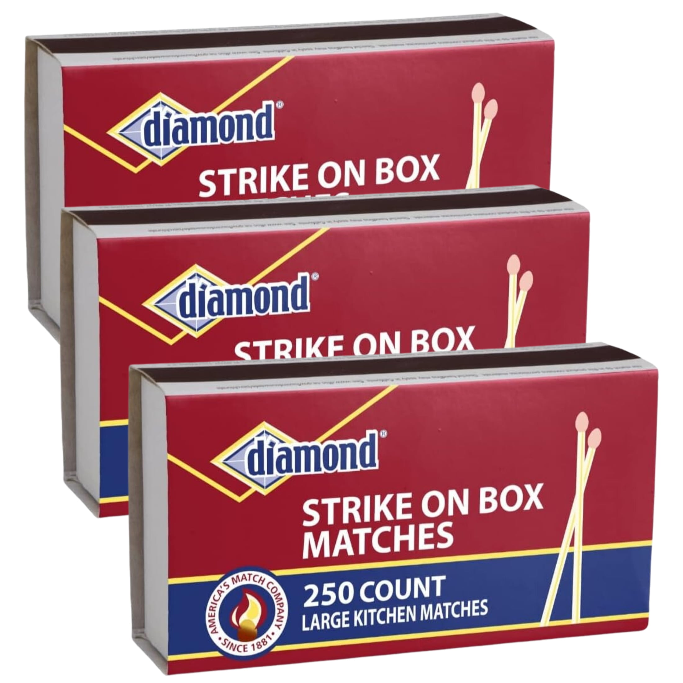 (3) Diamond Strike on Box Matches (750 Sticks)Thick & Longer Time Lights Quick Easily for Home Grills Candle BBQ Outdoor Camping & Emergency Kit 250ct each & CUSTOM Storage Carrier