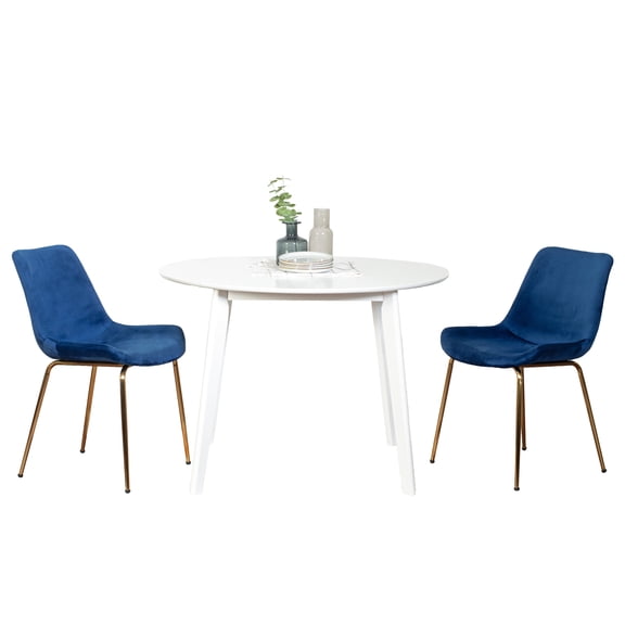 3 Dining Ensemble - White Round Table With 2 Chairs & Rubberwood Build Soft Velvet Upholstery Look And Comfy Construction Chair Chic Appearance