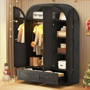 Arched 3-Door Armoire Wardrobe Closet with Mirror & Motion Sensor Light, Large Wood Wardrobe Closet with 2 Drawers 4 Shelves, Rustic Clothes Storage Organizer f