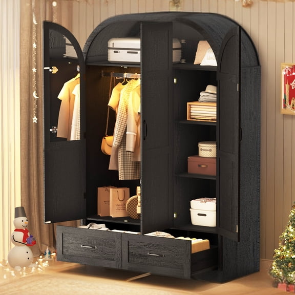 Arched 3-Door Armoire Wardrobe Closet with Mirror & Motion Sensor Light, Large Wood Wardrobe Closet with 2 Drawers 4 Shelves, Rustic Clothes Storage Organizer for Bedroom
