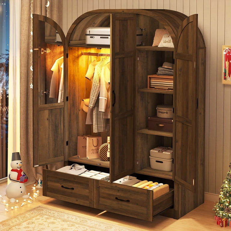 Arched Armoire Wardrobe Closet with Mirror & Motion Sensor Light, 3-Door Wood Wardrobe Closet with 2 Drawers 4 Shelves, Rustic Clothes Storage Organizer for Bedroom