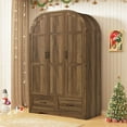 thumbnail image 1 of Arched 3-Door Wardrobe Armoire Closet with LED Motion Sensor Light & Half-Length Mirror, 47"W 71"H Wood Clothing Storage Cabinet with 2 Drawers, Hanging Rod & 5 Shelves for Bedroom, 1 of 9