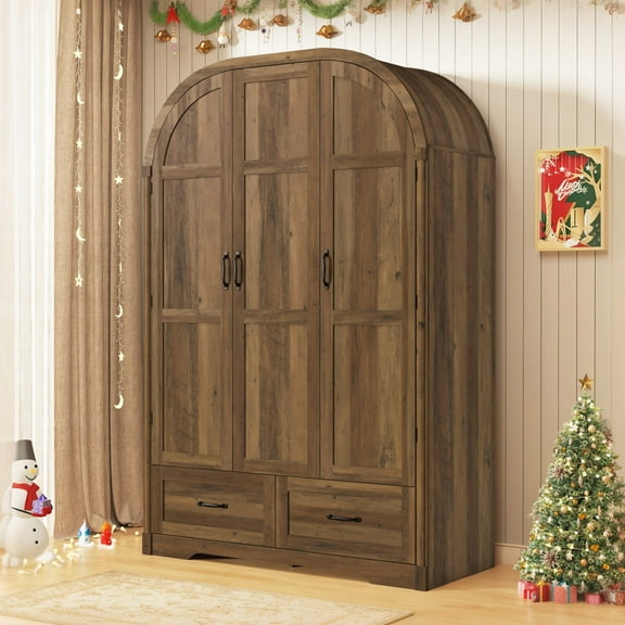 Arched 3-Door Wardrobe Armoire Closet with LED Motion Sensor Light & Half-Length Mirror, 47"W 71"H Wood Clothing Storage Cabinet with 2 Drawers, Hanging Rod & 5 Shelves for Bedroom