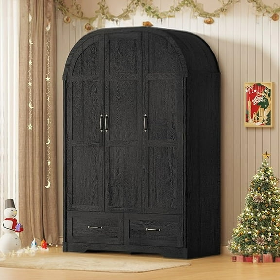 Arched 3-Door Wardrobe Armoire Closet with LED Motion Sensor Light & Half-Length Mirror, 47"W 71"H Wood Clothing Storage Cabinet with 2 Drawers, Hanging Rod & 5 Shelves for Bedroom
