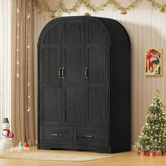 Arched 3-Door Wardrobe Armoire Closet with LED Motion Sensor Light & Half-Length Mirror, 47"W 71"H Wood Clothing Storage Cabinet with 2 Drawers, Hanging Rod & 5 Shelves for Bedroom