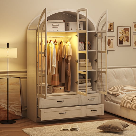 Blotout Arched Armoire Wardrobe Closet with LED Light & Glass Doors, 78" Tall 3 Door Armoire Closet with 4 Drawers & 5 Storage Shelves, Large Bedroom Storage Clothes Organizer with Hanging Rod