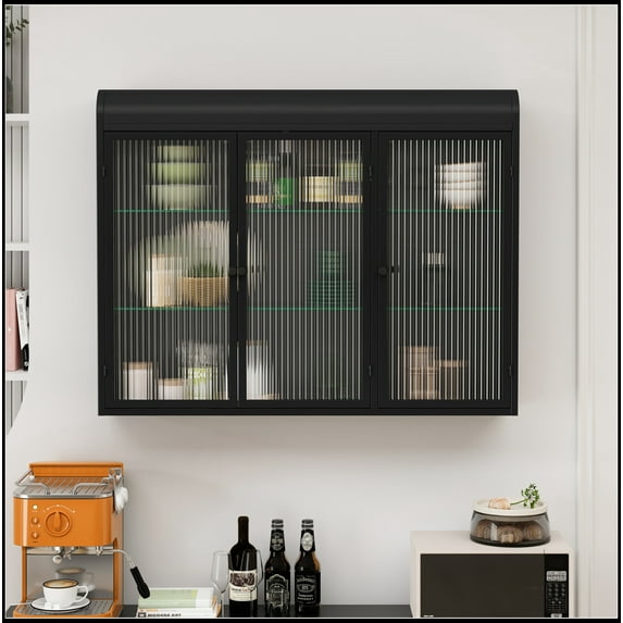 3 Door Arched Wall Mounted Glass Cabinets for Kitchen, Living Room and Bathroom(Black)