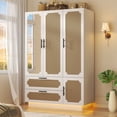thumbnail image 1 of 3-Door Armoire Wardrobe Closet for Bedroom with Mirror & LED Lights, 70" Rattan Door Wardrobe with 2 Drawers and 4-Layer Shelves, Boho Large Armoire Clothes Organizer with 2 Hanging Rods, 1 of 10