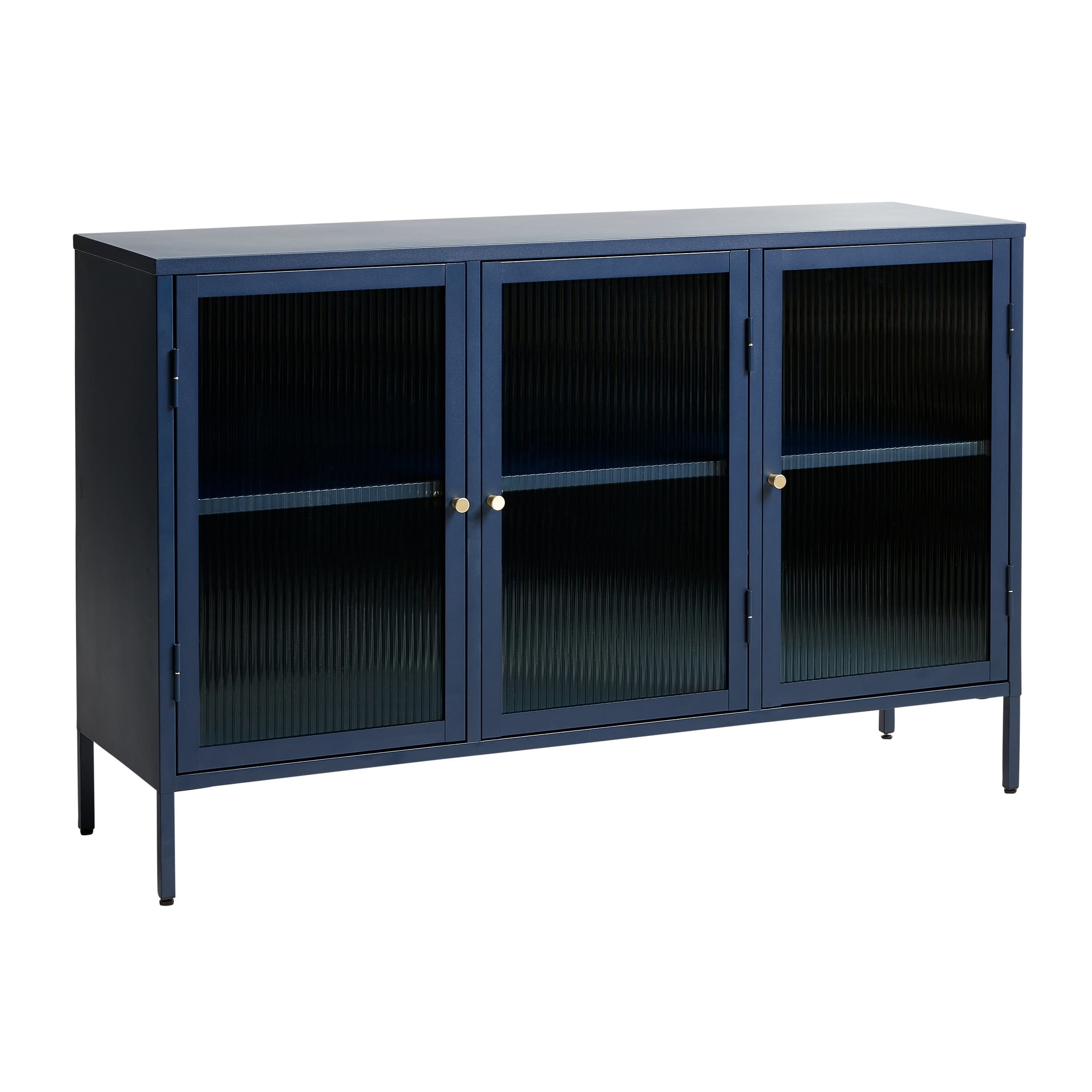Blue Metal and Glass 3-Door Sideboard with Golden Handles