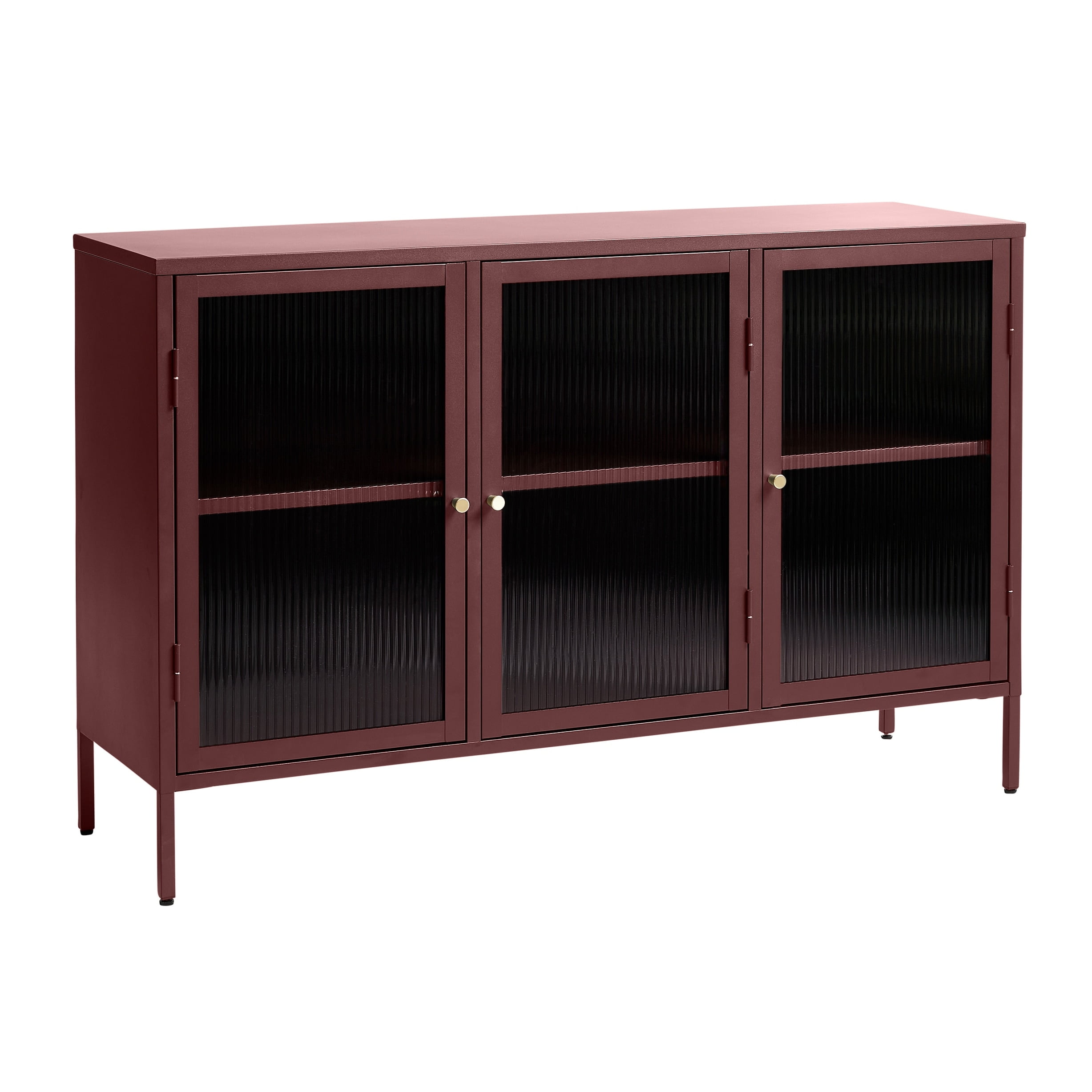 Red 3-Door Metal and Glass Sideboard with Golden Accents