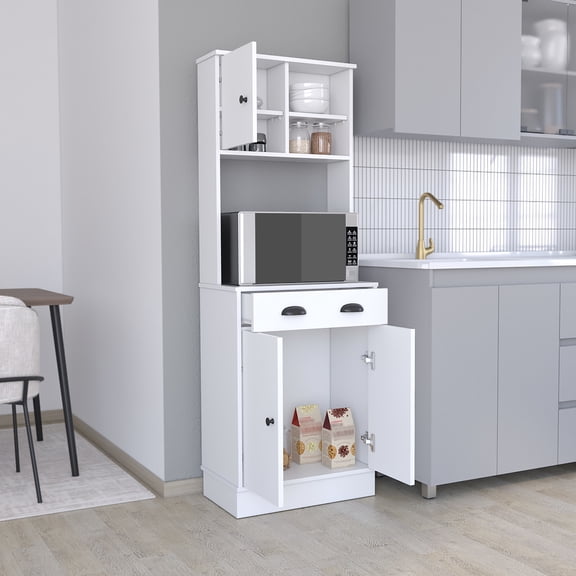 3 - Door Drawer White Particle Board Microwave Stand / Store Pots and Pans in Kitchen