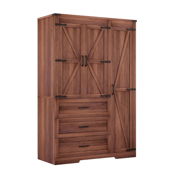 JassmiPkwy 3 Door Farmhouse Armoire Wardrobe Closet Cabinet with 3 Drawers, Hanging Rod, Adjustable Shelves, Brown