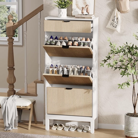 3-Door Flip Drawer Shoe Cabinet with Adjustable Shelves, Modern Wooden Shoe Organizer Holds 16-24 Pairs, Narrow Storage for Entryway Hallway Closet Mudroom