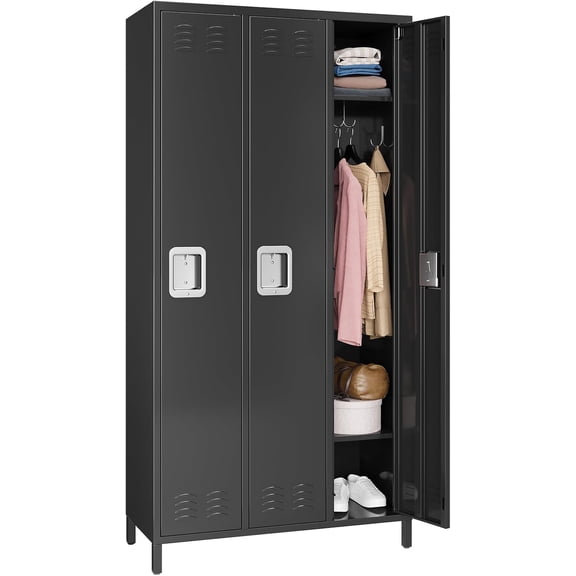3-Door Metal Lockers for Employees with 9 Hooks & 3 Shelves, 72" Tall Steel Storage Employee Locker, Industrial Storage Locker Cabinet for Office, Gym, Home, School Storage and Organization