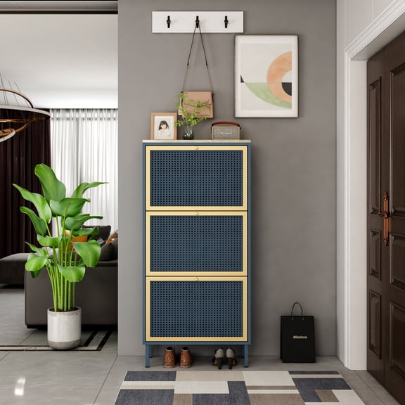 3-Door Metal Shoe Storage Cabinet with Rattan Effect, Modern Freestanding Shoe Rack with Metal Legs, Black