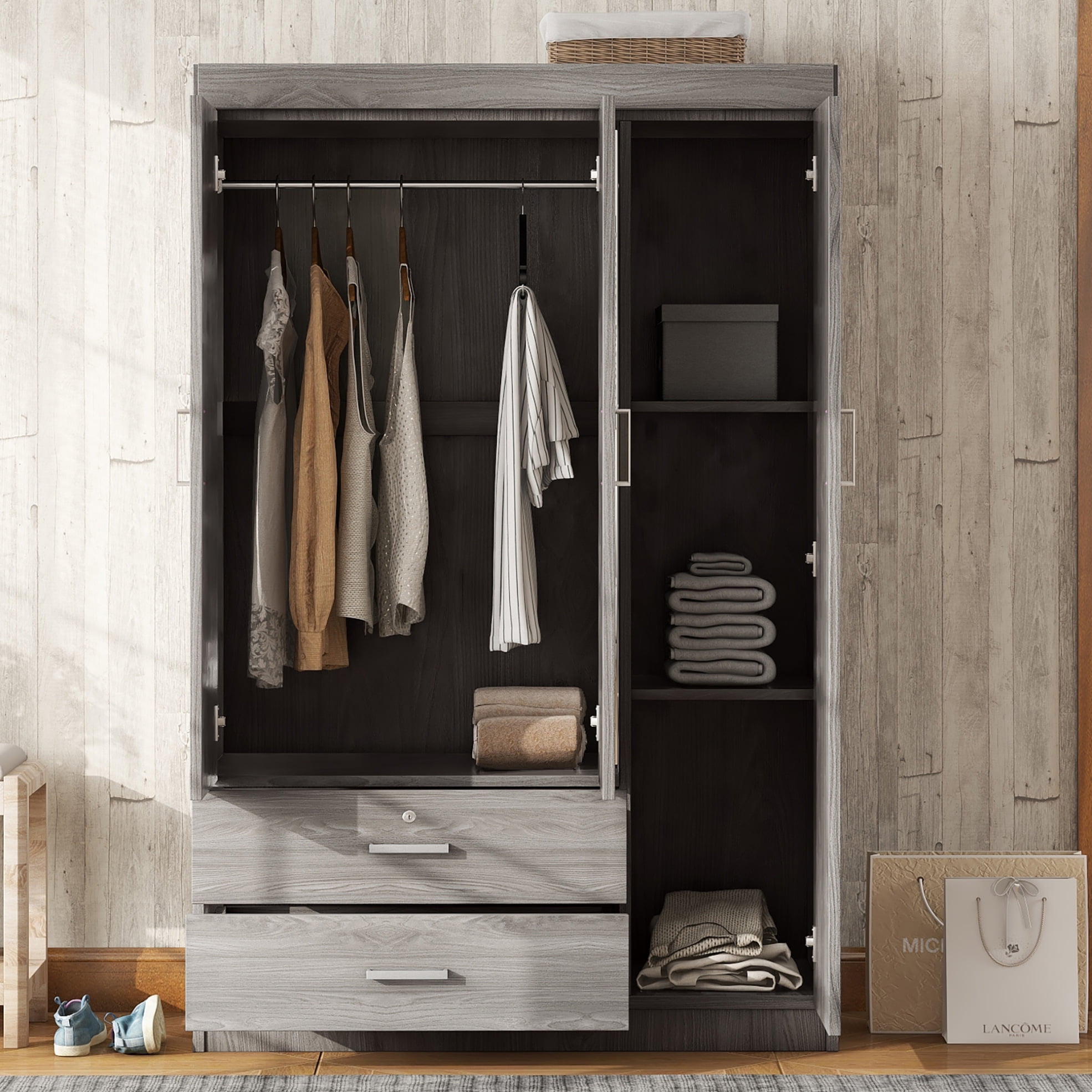 3-Door Mirror Wardrobe with shelves, Wood Wardrobe Closet with Locking ...