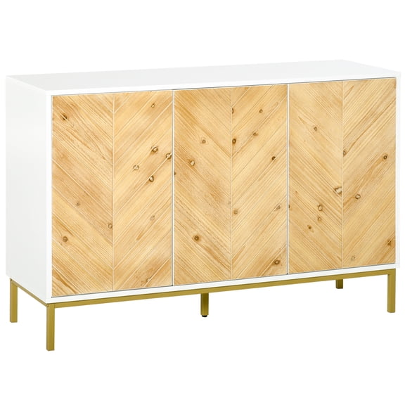 3 Door Sideboard Buffet Cabinet with Chevron Pattern, Adjustable Shelf and Metal Legs, Natural Wood Storage for Dining Room Kitchen