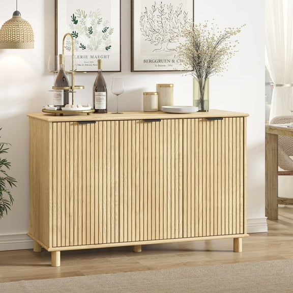 Swedhaus Fluted Sideboard Buffet Cabinet,Wood Storage Cabinet with 3 Doors & Adjustable Shelves,Long Sideboard Table for Home Living Room Dining Room