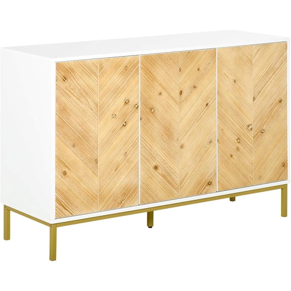3 Door Sideboard Buffet, Kitchen & Coffee Bar Cabinet with Pattern, Adjustable Shelf & Metal Legs, Natural Wood