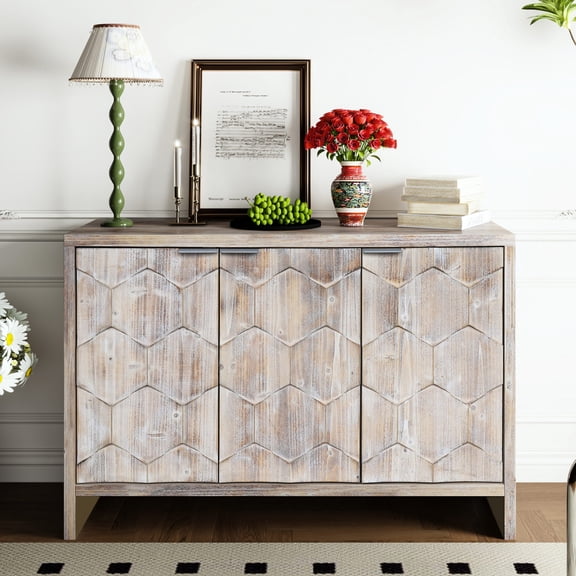3-Door Storage Unit | Fits Well in Shabby Chic Homes | Natural Wood Wash Appearance | Adjustable Shelves to Organize Items
