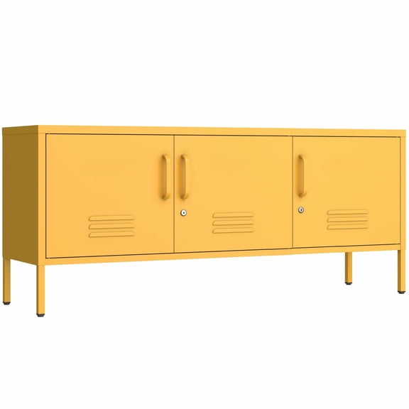 3 Door TV Stand Media Console For Large TV Wide Metal Storage Cabinet Entertainment Center For Home Lockable Storage Cabinet Office Yellow Size： 22"H X 47.3"W X 13.8"D