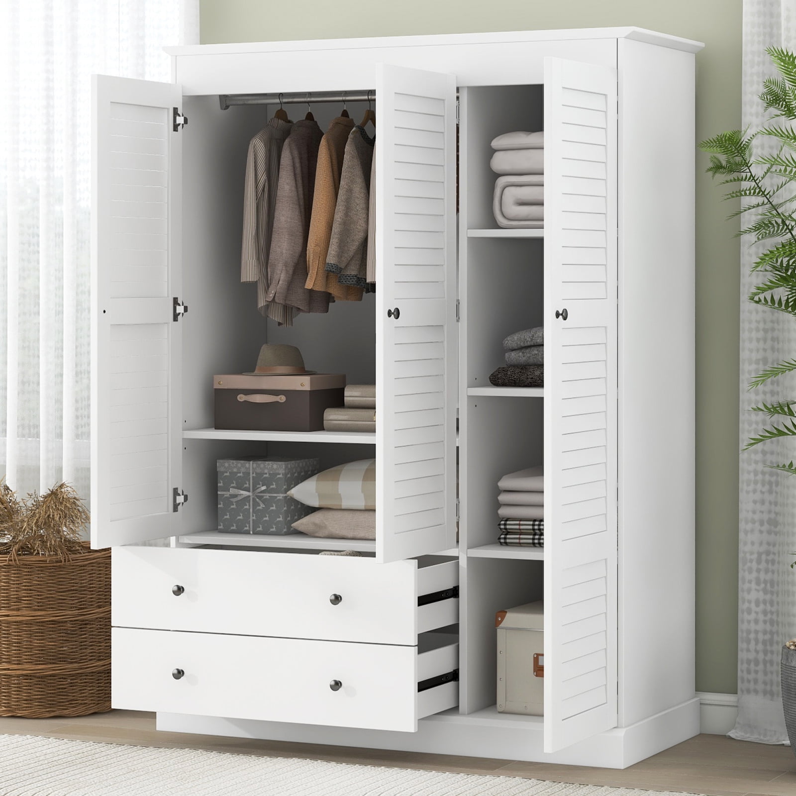 Modern Wardrobe Closet With Mirror & LED Light - 6 Drawers, Hanging Space & Shelves, Multi-Functional Armoire For Bedroom