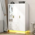 3 Door Wardrobe Closet with Mirror & LED Lights, Bedroom Armoire with