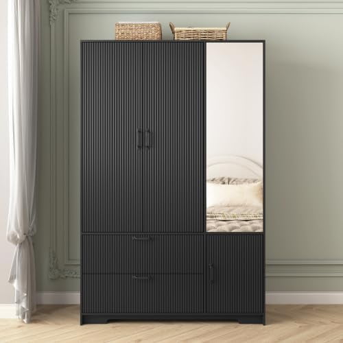 3-Door Wardrobe Closet with Mirror, Modern Armoire Wardrobe with Hanging Rod & Adjustable Shelves, Space-Saving Bedroom Storage Cabinet with Drawer for Small Spaces