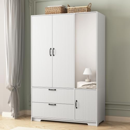 3-Door Wardrobe Closet with Mirror, Modern Armoire Wardrobe with Hanging Rod & Adjustable Shelves, Space-Saving Bedroom Storage Cabinet with Drawer for Small Spaces
