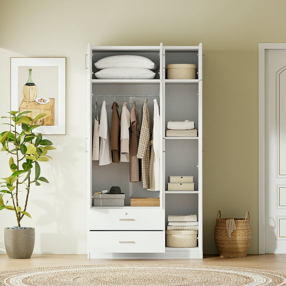 3-Door Wardrobe with Mirror in the Cupboard Door and Two Drawers and Top Cabinet Inside, Tall Bedroom Armoire Wardrobe Closet for Home, Office, Garage, Laundry Room, White