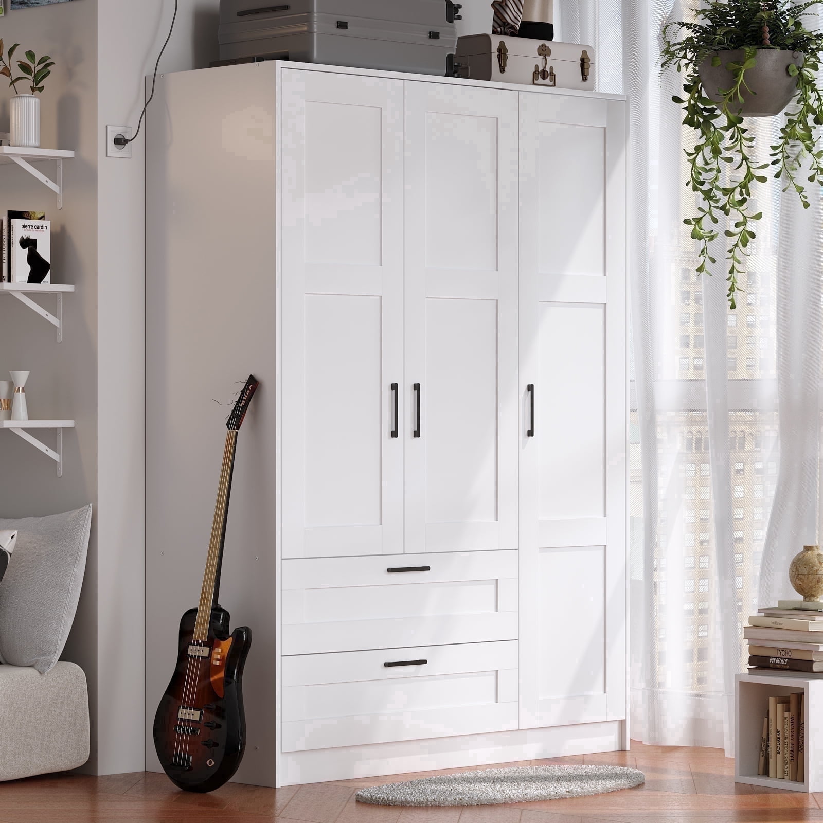 3 Door White Wardrobe Closet Armoire, Bedroom Storage Cabinet with 2 ...