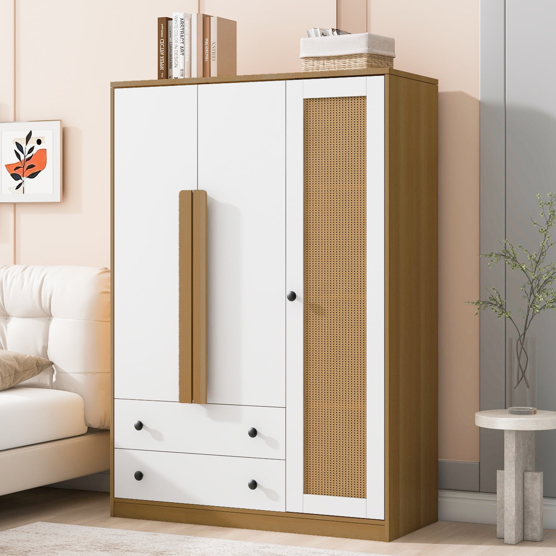 White and Natural Wood Rattan 3-Door Wardrobe with Drawers