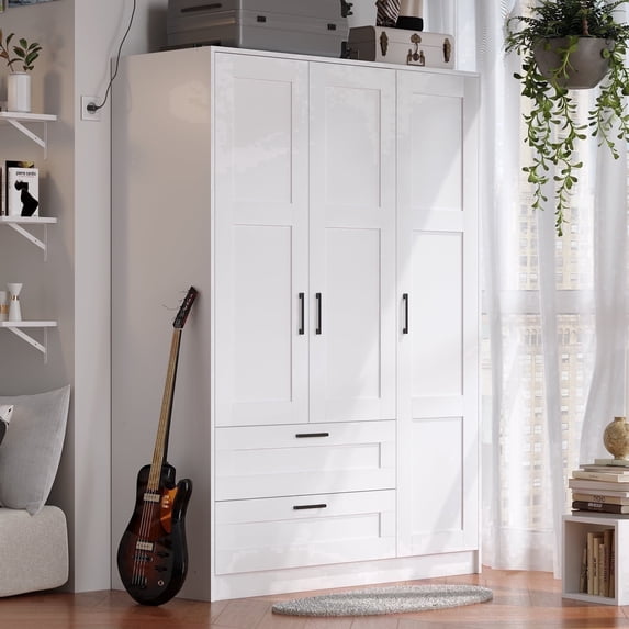 3 Door White Wardrobe Closet Armoire, Bedroom Storage Cabinet with 2 Drawers, Hanging Rod & Shelves, Modern Clothes Organizer for Small Space Apartment Dorm