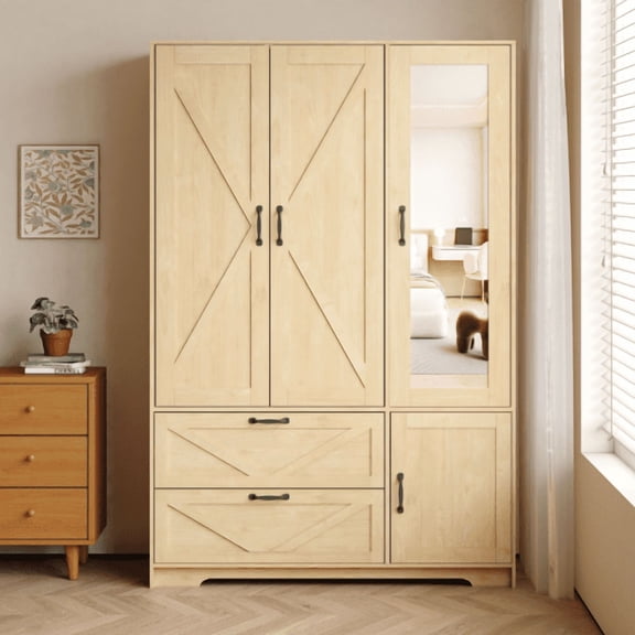 3 Doors Armoire Wardrobe Closet Armoire with Drawers and LED, 71" H Large Capacity Freestanding Bedroom Armoire with Adjustable Shelves & Hanging Rod, 47.2" W, Natural