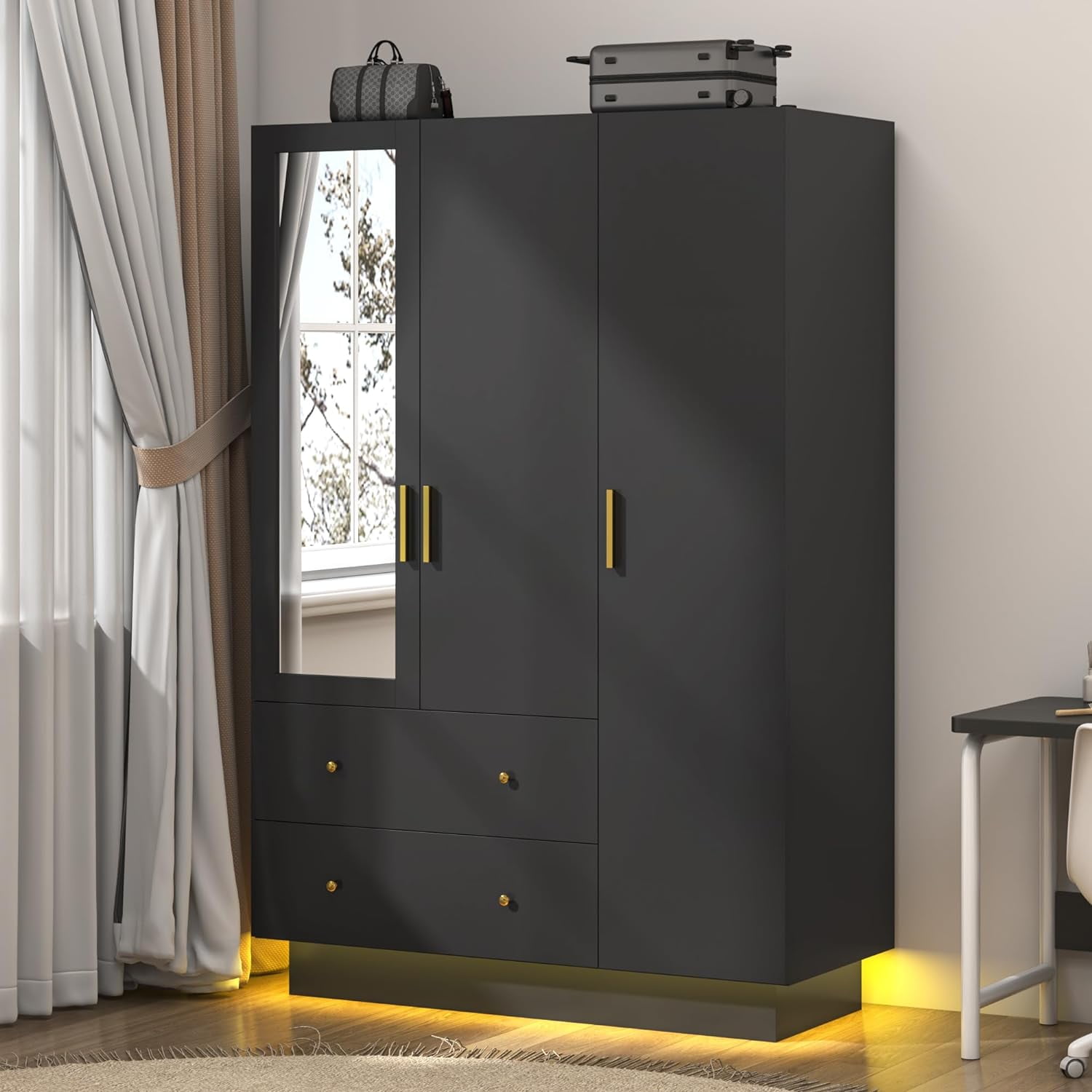 3 Doors Armoire Wardrobe Closet with Mirror and LED Lights, Armoire with Doors and Drawers, Modern Wooden Armoire Wardrobe Closet with Hanging Rod for Bedroom