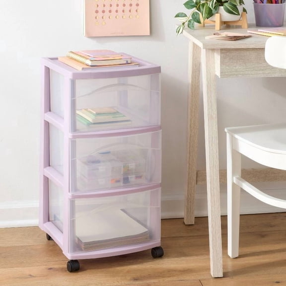 3 Drawer Medium Cart Lavender - Plastic Storage Drawers with Casters, Portable Utility Storage, No Assembly