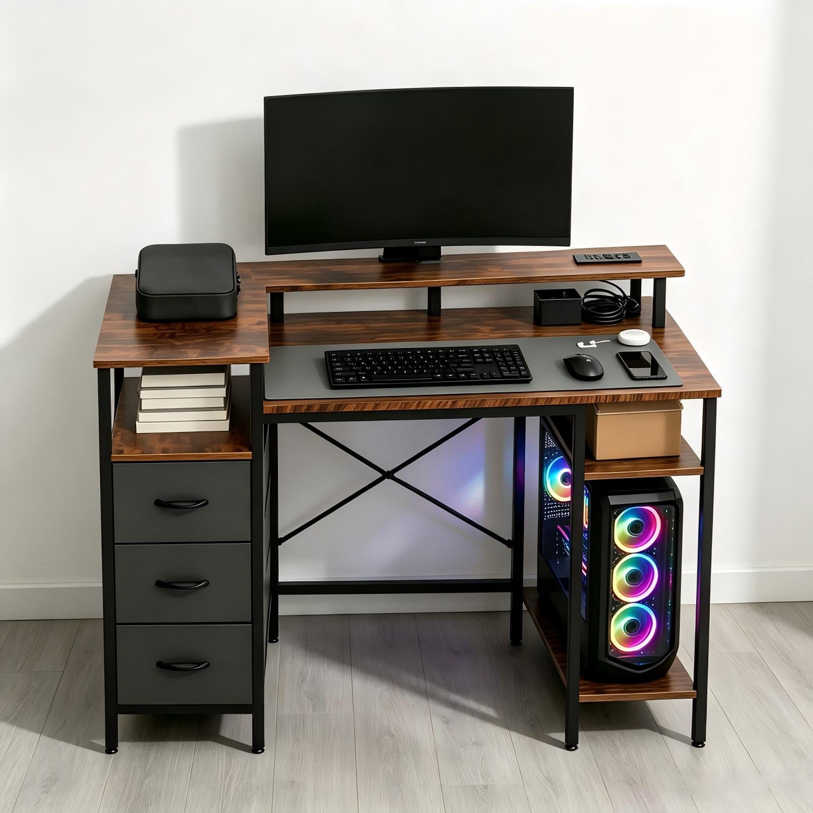 3-Drawer 4-Shelf Computer Desk with Power Strip, 47.2 x 18.8 x 34.7 in, Rotten Wood