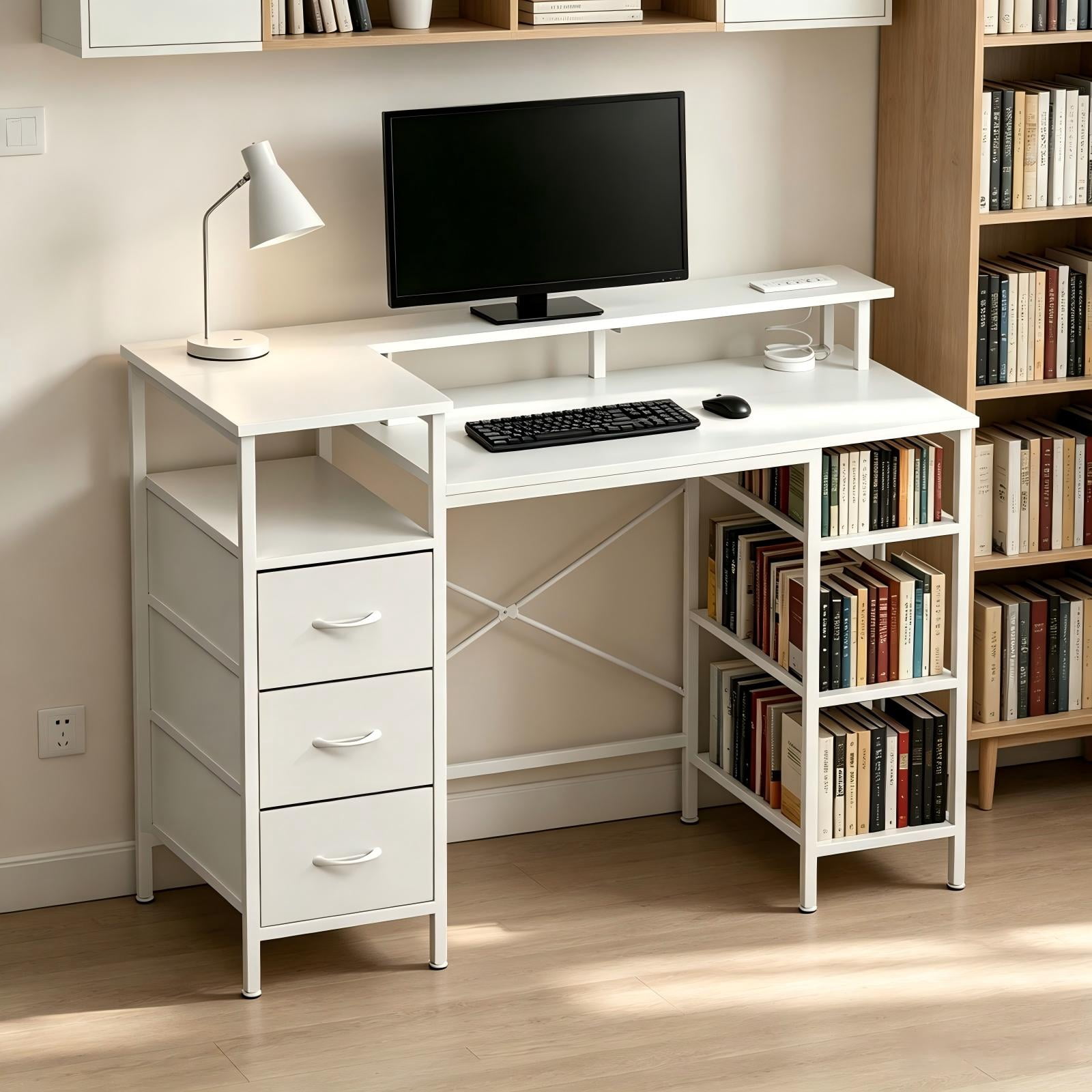 3-Drawer 4-Shelf Computer Desk with Power Strip, White, 47.2 x 18.8 x 34.7 in