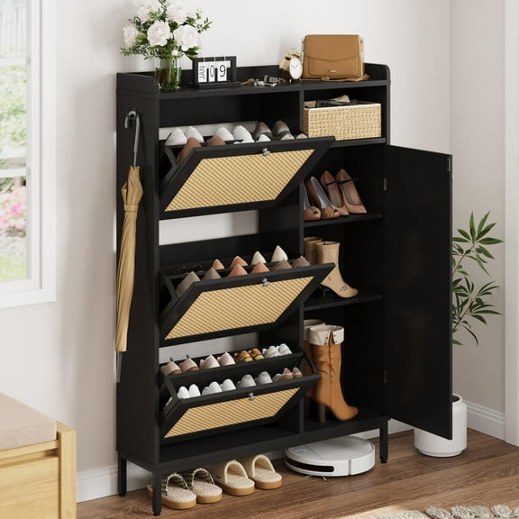 3 Drawer 4-Tier Rattan Shoe Cabinet with Flip-Up Storage - Freestanding Adjustable Organizer for Entryway/Closet/Hallway (Black)