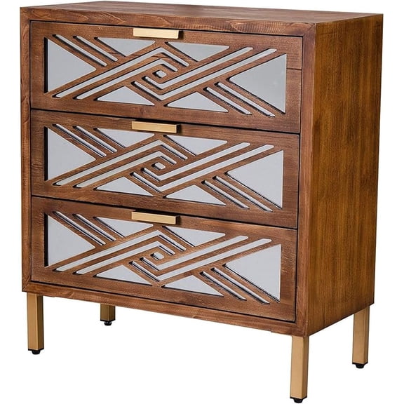 3-Drawer Accent Dresser, Geometric Mirror Front Drawer Organizer Chest with Metal Handles & Legs - Modern Living Room, Entryway, or Bedroom Furniture