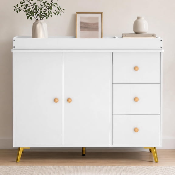 3-Drawer Baby Changing Table Dresser, Wooden Nursery Furniture with Cabinet Spacious Storage, Easy Clean, Infant Diaper Station Classic White