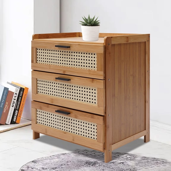 3 Drawer Bamboo Nightstand with Mesh Panels, 16.5" Tall Small Bedside Table  Breathable Storage for Bedroom, Living Room, Natural Wood Finish, 44 lbs Capacity