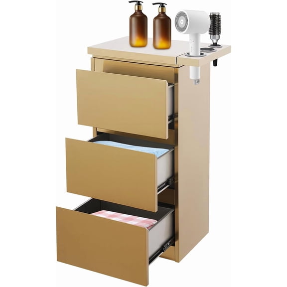 3-Drawer Barber Storage Cabinet - 201 Stainless Steel Hairdressing Tool Organizer with Hair Dryer Holder (17.9x11.8x32.7in) for Salon/Bathroom/Home (Gold)