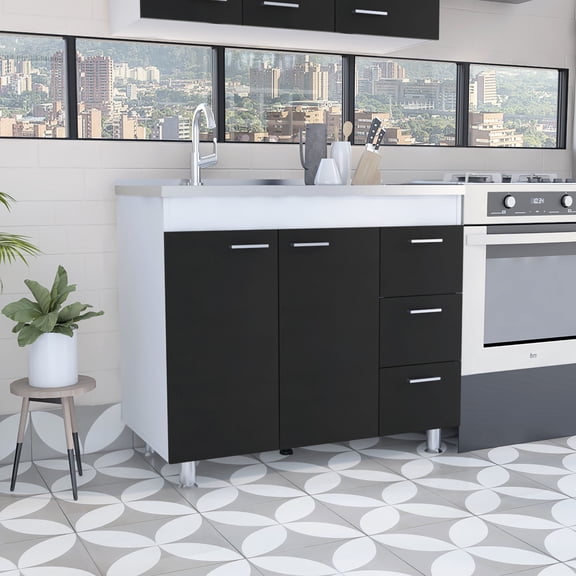 3 - Drawer Base Cabinet with Faucet Hole | Helps with Sink Setup and Storage of Different Items | Black - White Wengue Finish on Manufactured Wood | Resolves Installation and Storage Disorder